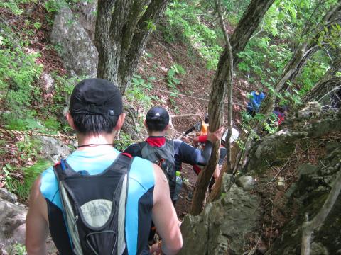 杓子山の先も険しい岩場の下降、滑りやすい路面が続き
至る所渋滞。安全に下るにはきちんとした登山技術も必要だ