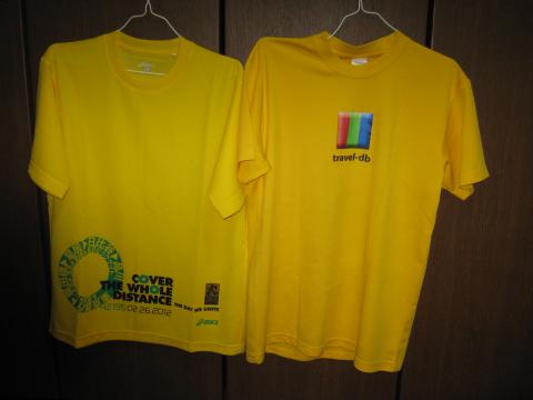東京マラソンのTシャツ
カラーは好きな黄色（シャインイエロー）だが
travel-dbの黄色に比べるとちょっと深みがないかな
あと背中が無地というのはちょっとさみしい
