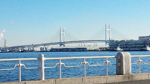 抜けるような青空に純白のベイブリッジが映える～　青空とブリッジの白と　　海の青がすばらっし！