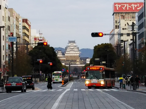 朝の姫路城　　平成の大修理で屋根がまっしろだったが、今では瓦が黒くなっていた。今回は、遠くから眺めただけだったが、昨夜は、展望風呂からライトアップされた姿が幻想的だった。