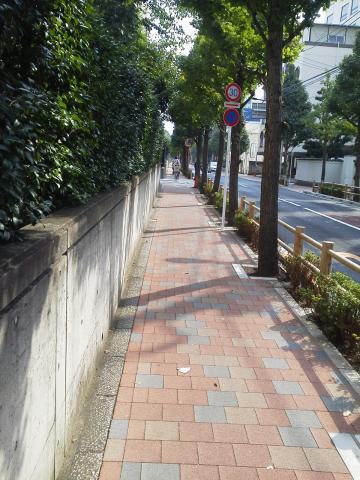 小滝橋通りを左折すると社会保険中央病院、山手線線路までこんな歩道。狭いので人がいると車道を走ることも多くあります。結構キケン。スタートから1K超えたところ。