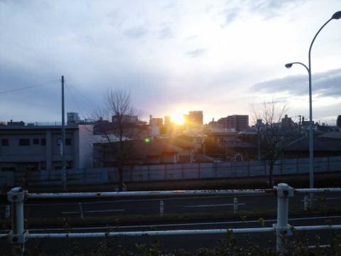 ビルの間から見える太陽