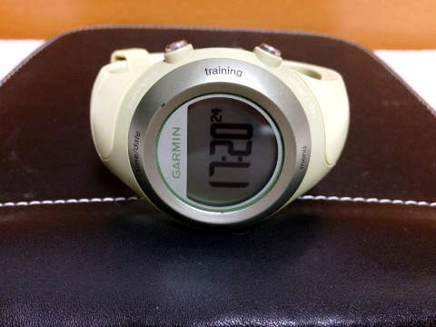 8年目を迎えたGARMIN FR405 ベゼルのTimeとTrainingの間に、小さなキズがついている以外、外観も綺麗に保っています。