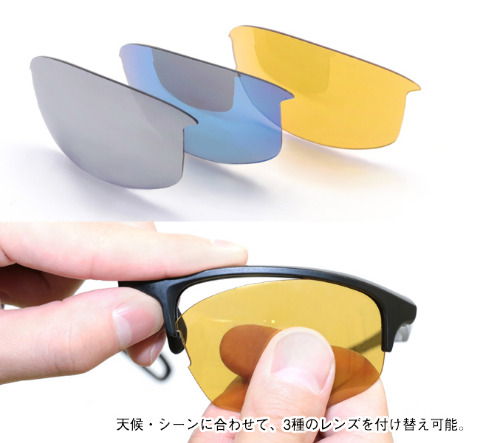 グレーミラー(可視光透過率5%)、ブルーミラー(可視光透過率15%)、ゴールドミラー(可視光透過率33%)の3種類のレンズが附属する。 掛けて走って判ったが、偏光レンズではなかった。