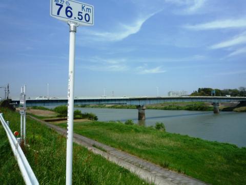 布佐の市内をさまよい、やっと利根川の土手に出ると、海から76.5キロの看板があった